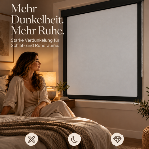 Vollverdunkelndes Rollo nach Maß mit Fokus auf starke Verdunkelung und ruhige Schlafatmosphäre
