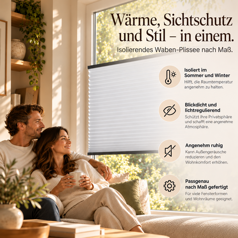 Isolierendes Waben-Plissee nach Maß mit Vorteilen für Wärmeschutz, Sichtschutz und Wohnkomfort